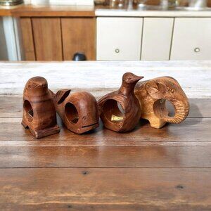 Carved Wood Napkin Rings Set of 4 Whale Elephant, Bird, Sea lion